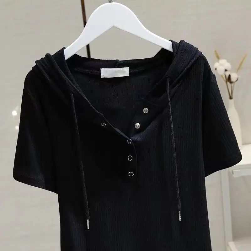 Hooded Short Sleeve T-shirts Women Streetwear Summer Tops College Females Fashion Korean New Arrival Pure All-match Drawstring