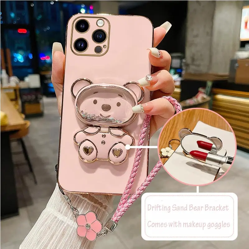 Flower Strap Mirror Bear Plating Case For iPhone 14 11 12 13 Pro Max 13 12 Mini 8 7 6 6S Plus 10 X Xr Xs Max SE 2020 Cover