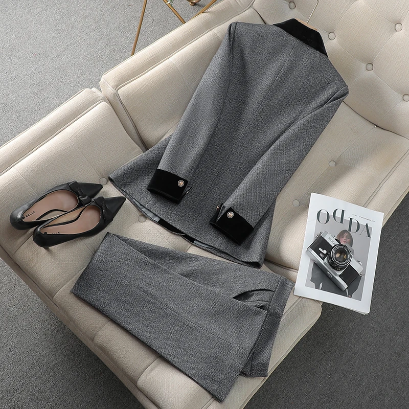 ZJYT Autumn Winter Women Blazer Set Korean Fashion Shawl Collar Jacket Long Pant Sets Two Pieces Outfit Office Lady Suit Clothes