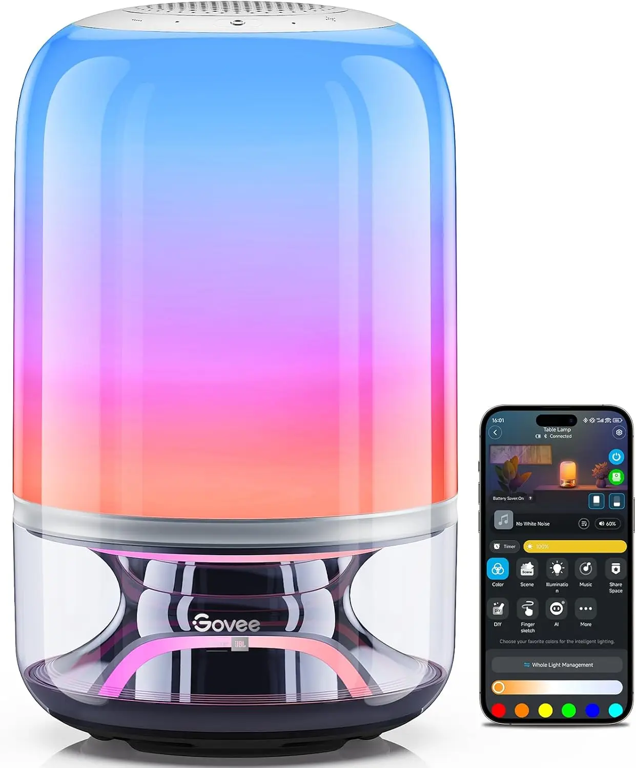

Smart Cordless Table Lamp with Speaker, Music Sync, 100+ Scenes, Rechargeable for Bedroom