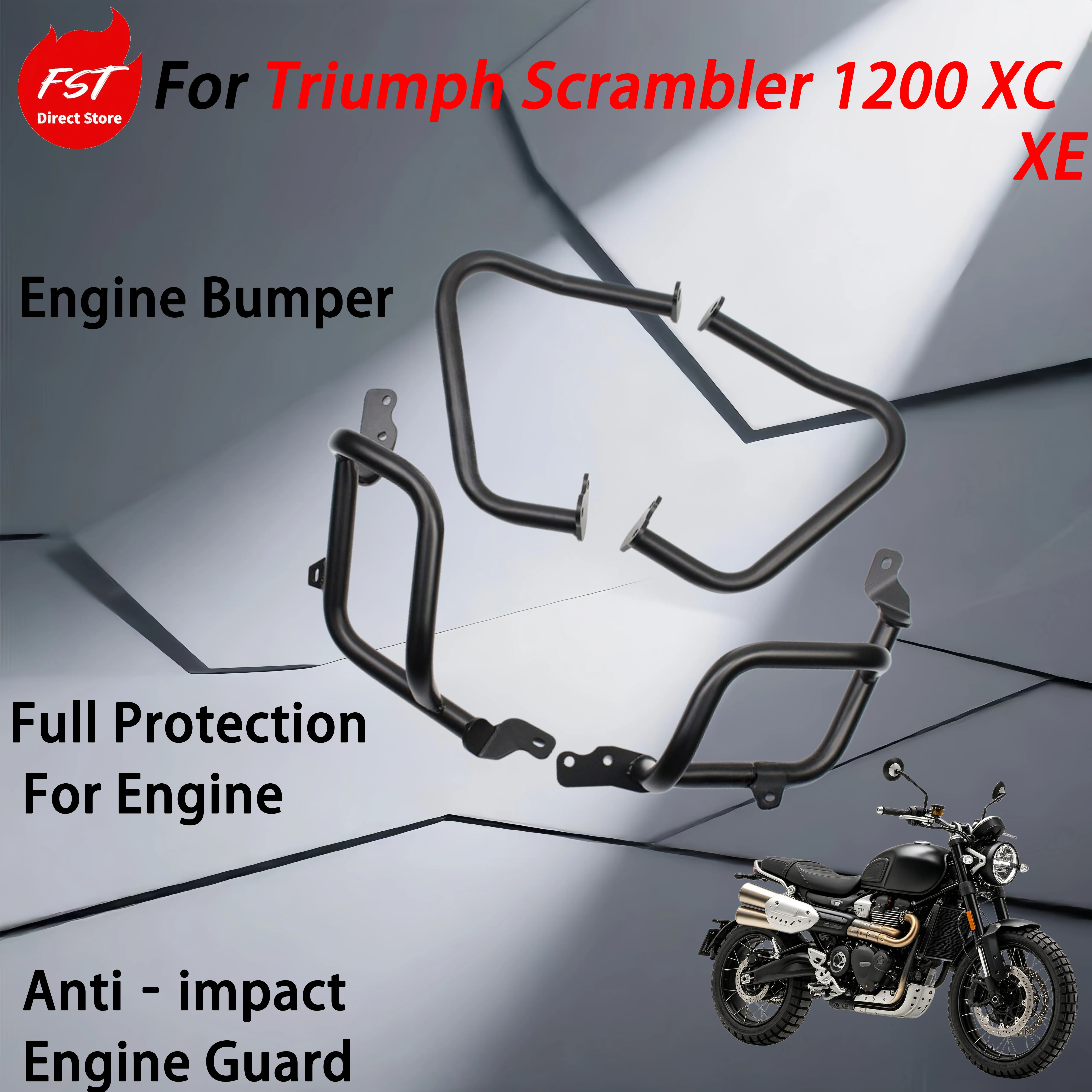For the Triumph Scrambler 1200 XC/XE, customization accessories include an engine bumper and an anti-drag guard.