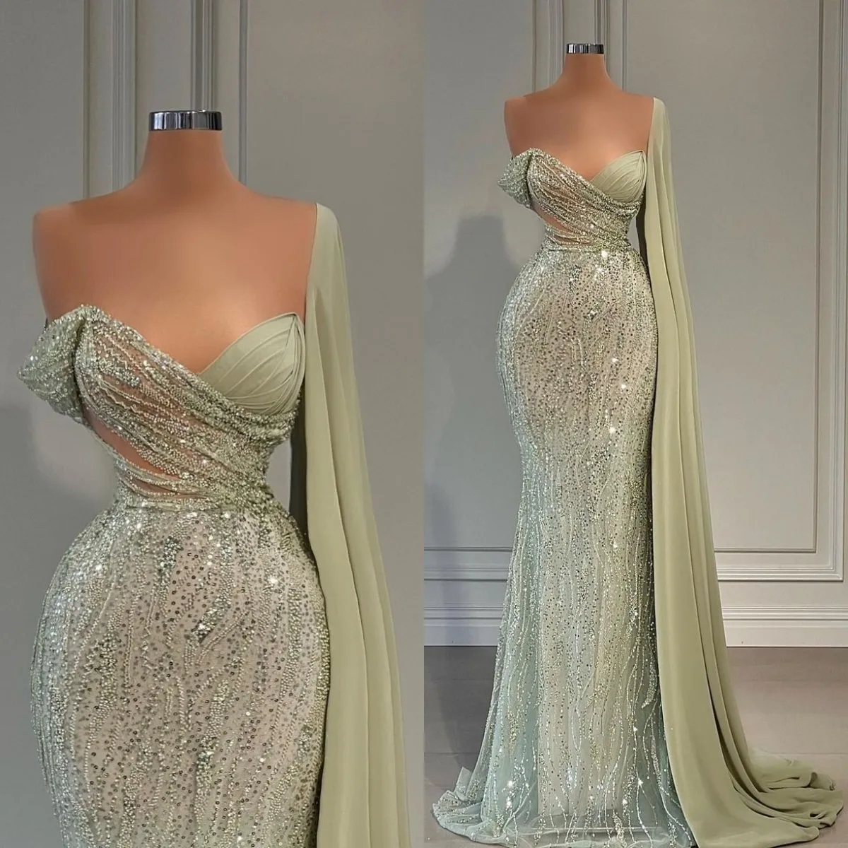 Glitter Mint Green Prom Dresses Uit De Schouder Partij Formele Kralen Avond Gownswith Lange Shawl Sheer V-hals Trouwjurk