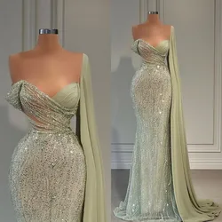 Glitter Mint Green Prom Dresses Off The Shoulder Party Formal Beads Evening GownsWith Long Shawl Sheer V Neck Wedding Dress