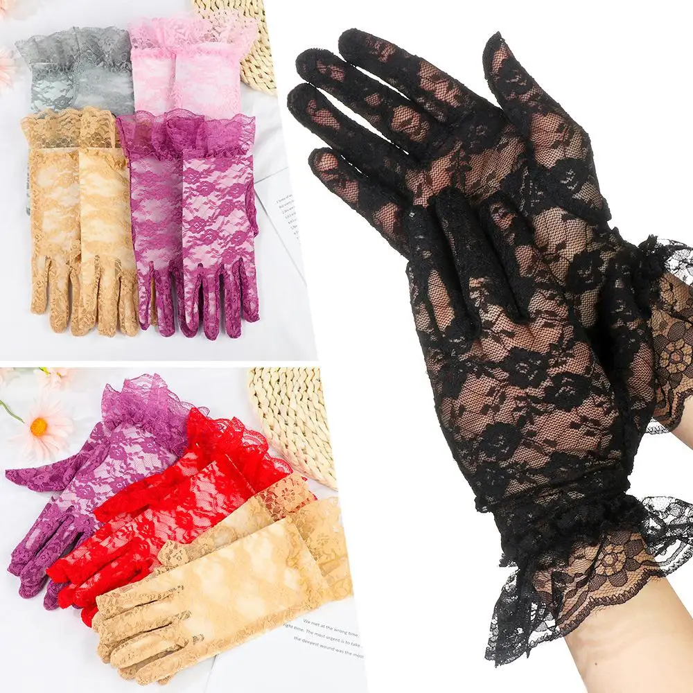 Summer Wedding Sunscreen White Bride Gloves Rose Flower Pattern Lace Gloves Party Dressy Gloves