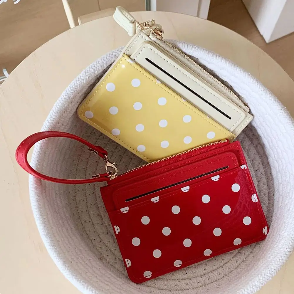 Polka Dot Card Wallet For Women Slim Mini Coin Purse With Wrist Strap Korean Style Card Slots Zipper Small Pouch For Daily