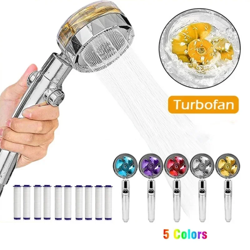 360 Degree Rotating Turbine Fan Shower Head High Pressure Water-saving Spray Adjustable Shower Head Filter Bathroom Accessories