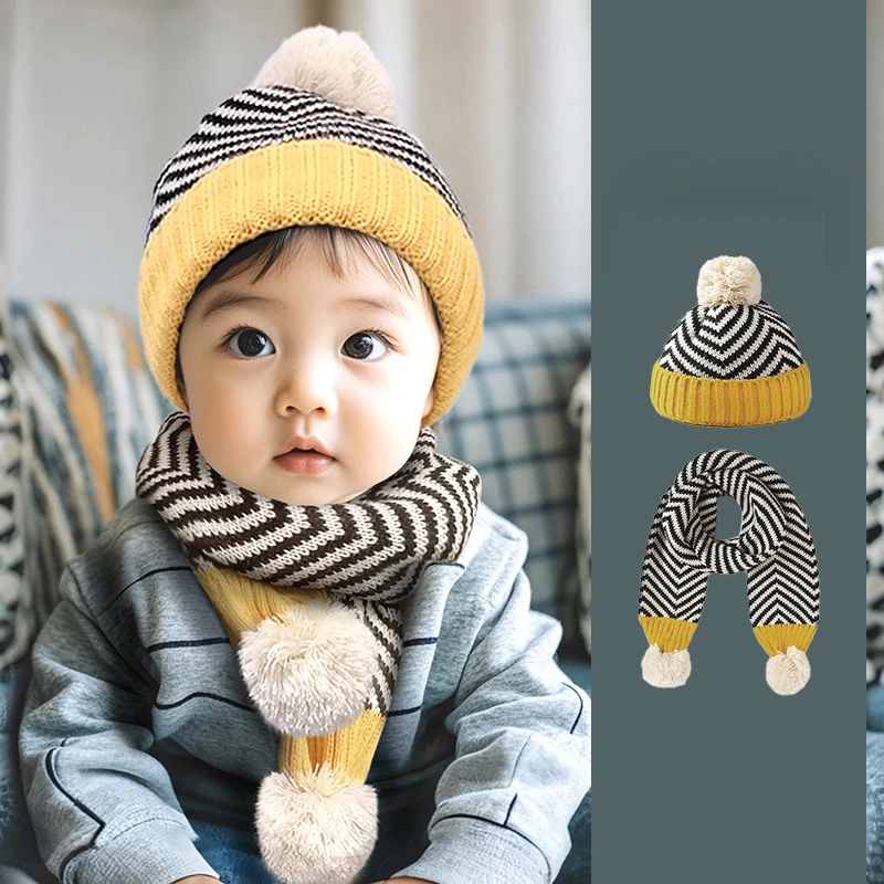 2PCS/Set Winter Kids Stripped Hat Scarf 2-5 Years Boy Girl Thick Warm Ear Protection Hats Outdoor Windproof Children Neckerchief