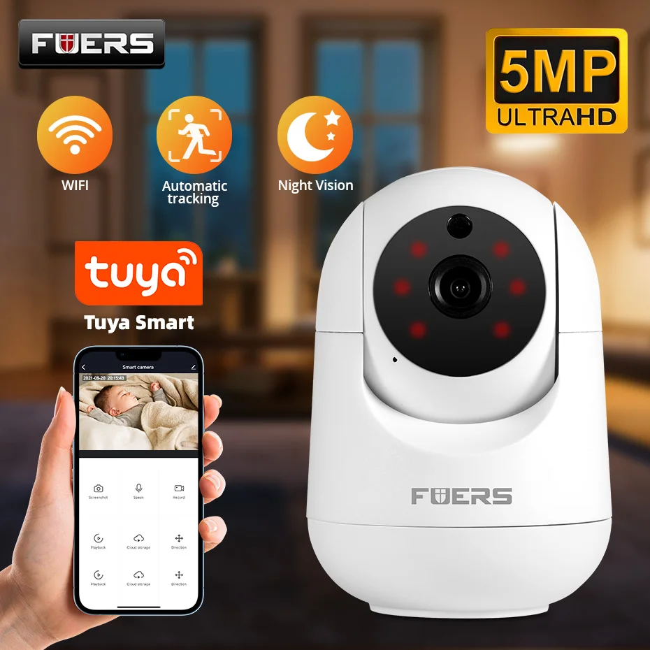 Fuers 투야 스마트 홈 실내 무선 IP 감시 카메라, 5MP 와이파이 카메라, AI 감지, 자동 추적 보안 베이비 모니터 