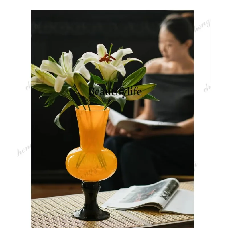 A74French high-stem glass vase with a sophisticated feel. Vintage glass flower vessel table decoration