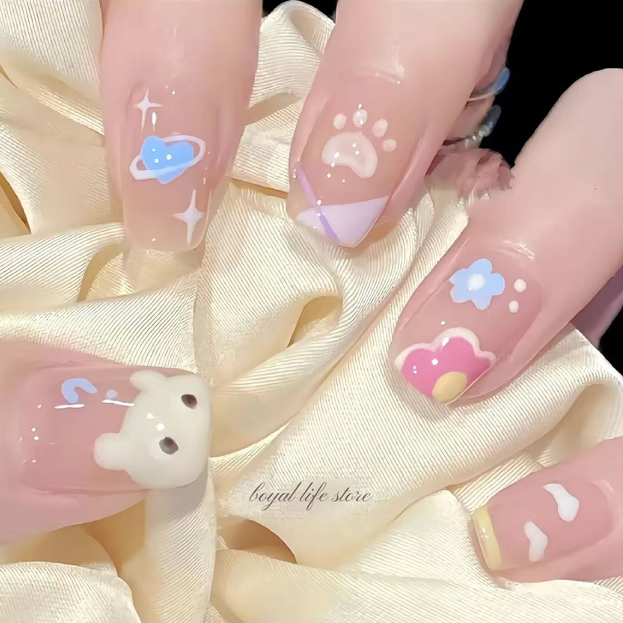 

10pcs Nude Series Creamy Bunny Fake nails Press on nails Soft gel tips nail Short nail False nails handmade nail art