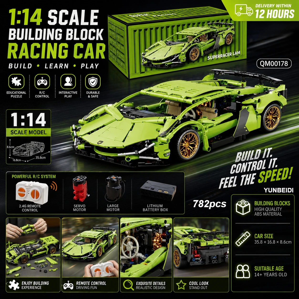 

1:14 Building Block Sports Car Puzzle Assembly Static Model and Dynamic RC Racing Kit STEM Toy for Adults Kids Collectors Gifts