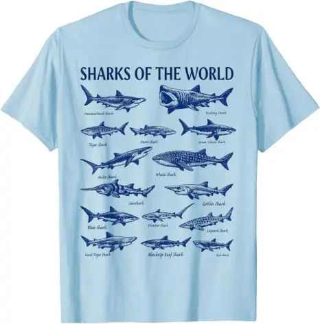 Sharks of The World Vintage Ocean Marine Life Guide T-Shirt Y2k Art Biology Ocean Nature Aesthetics Kleidung für Damen Herren Outfit – Detail 8
