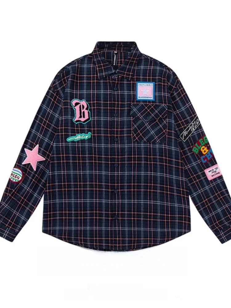 Mr. WH American Retro Long Sleeve Shirt Casual Loose Men's Fashion Brand Checkered Towel Embroidery Youth Popular Polyester F...