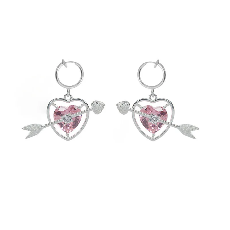 Fashion Cupid Arrow Through The Heart Pink Zircon Love Ear Buckle Original 925 Sterling Silver Earrings Creative Earrings Female