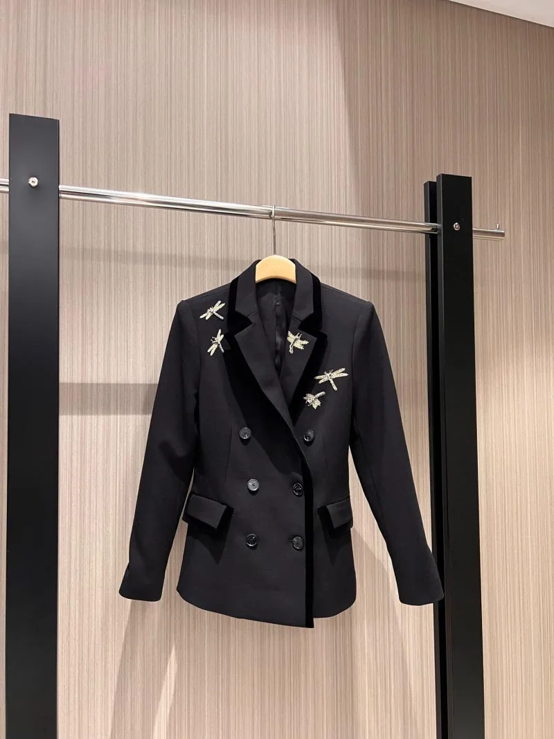 Korean style women's suit, British style, handsome and versatile, embroidered dragonfly double breasted suit jacket