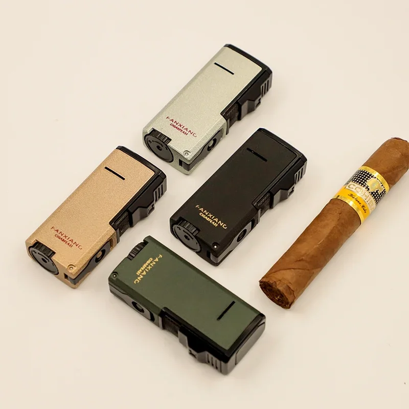 New Windproof Portable Cigar Lighter Accessories Triple Flame Jet Lighter with Cigar Punch Visible Gas Tank Smoking Travel