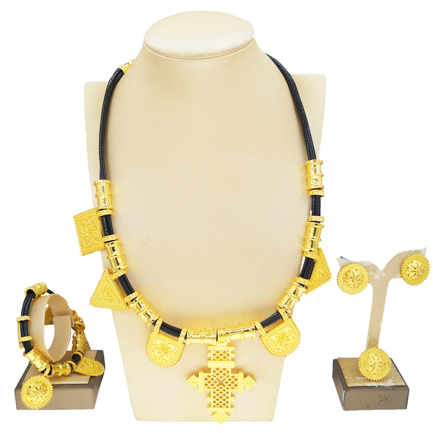 Habesha Traditional Coptic Cross Jewelry Set Black Leather Cord With Geometric Gold Charms Full Wedding Bridal Jewelry Set