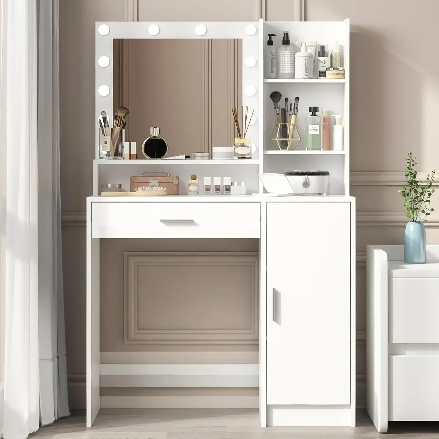 Vanity Desk with Mirror and Light, Large Drawer and Three Level Storage Dresser, 3 Lighting Modes Adjustable Brightness, Bedroom