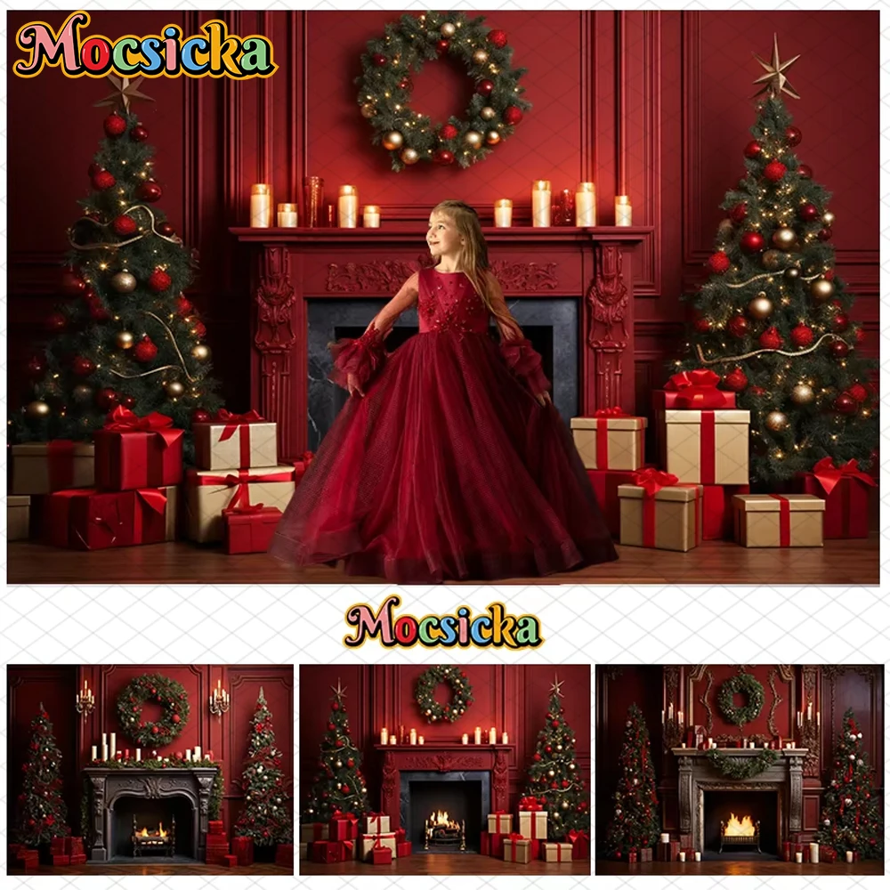 

Mocsicka Christmas Photography Background Xmas Tree Fireplace Wall Decors Family Baby Girl Boy Portrait Photo Backdrop Wallpaper