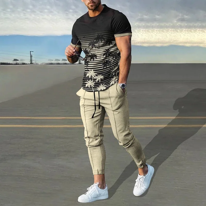 Conjunto de camisetas y pantalones de chándal con estampado 3D de árbol de coco Hawaiano para hombre, camiseta de manga corta de gran tamaño, ropa