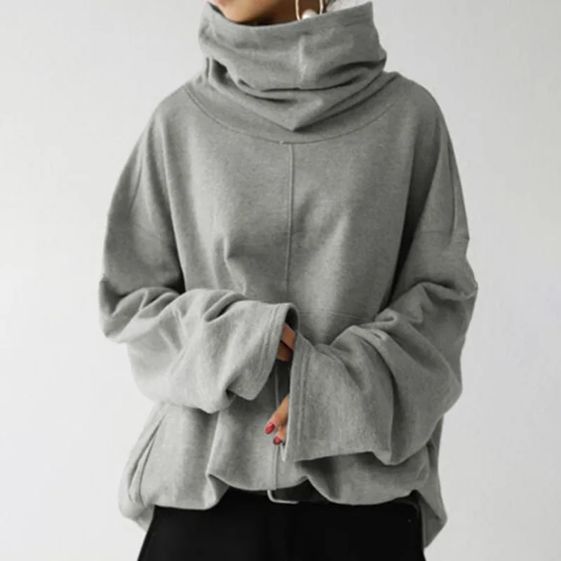 Hoodies women 2026 casual new loose long-sleeved high-neck pullover solid-color pocket autumn winter coat women's clothing