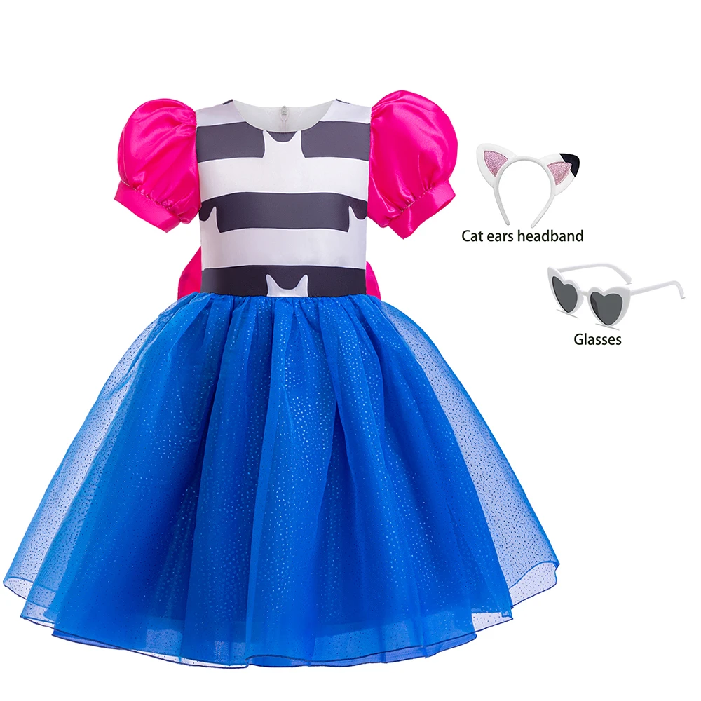 Girls Dress and Headband sunglasses carnival playHouse Cartoon cat Costume 3Pcs Sets Dressup Children Game Play Theme Gown