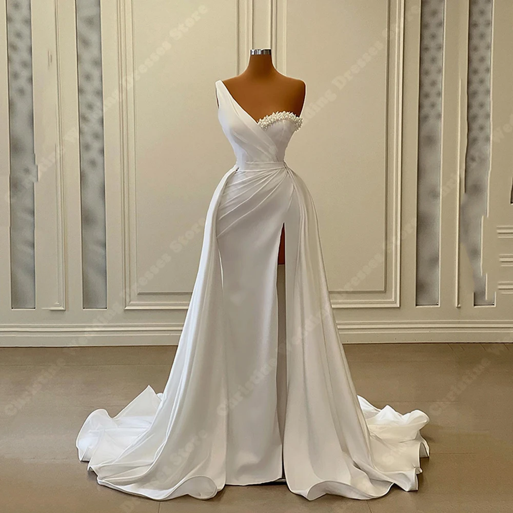 High-Quality Satin Women Bridal Gowns Sexy Simple Fork Sleeveless Mopping Length Wedding Dresses Formal Sweet Beach Party Robes