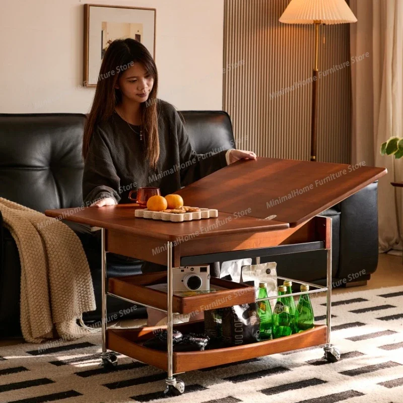 Solid wood coffee table household living room balcony movable folding coffee table