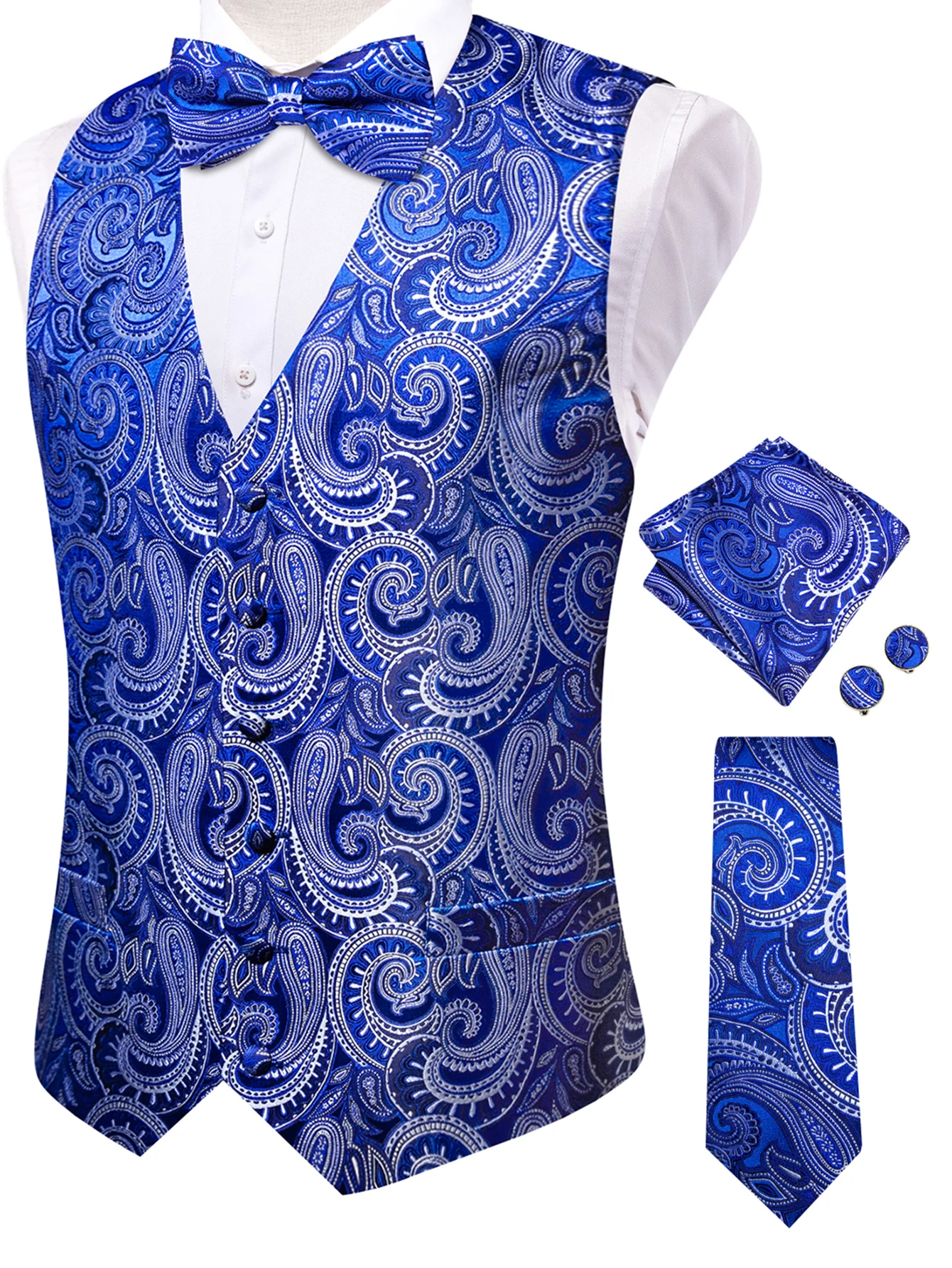 Men's black vintage paisley jacquard V-neck suit vest with bow tie tie pocket square and cufflinks five-piece set for weddings
