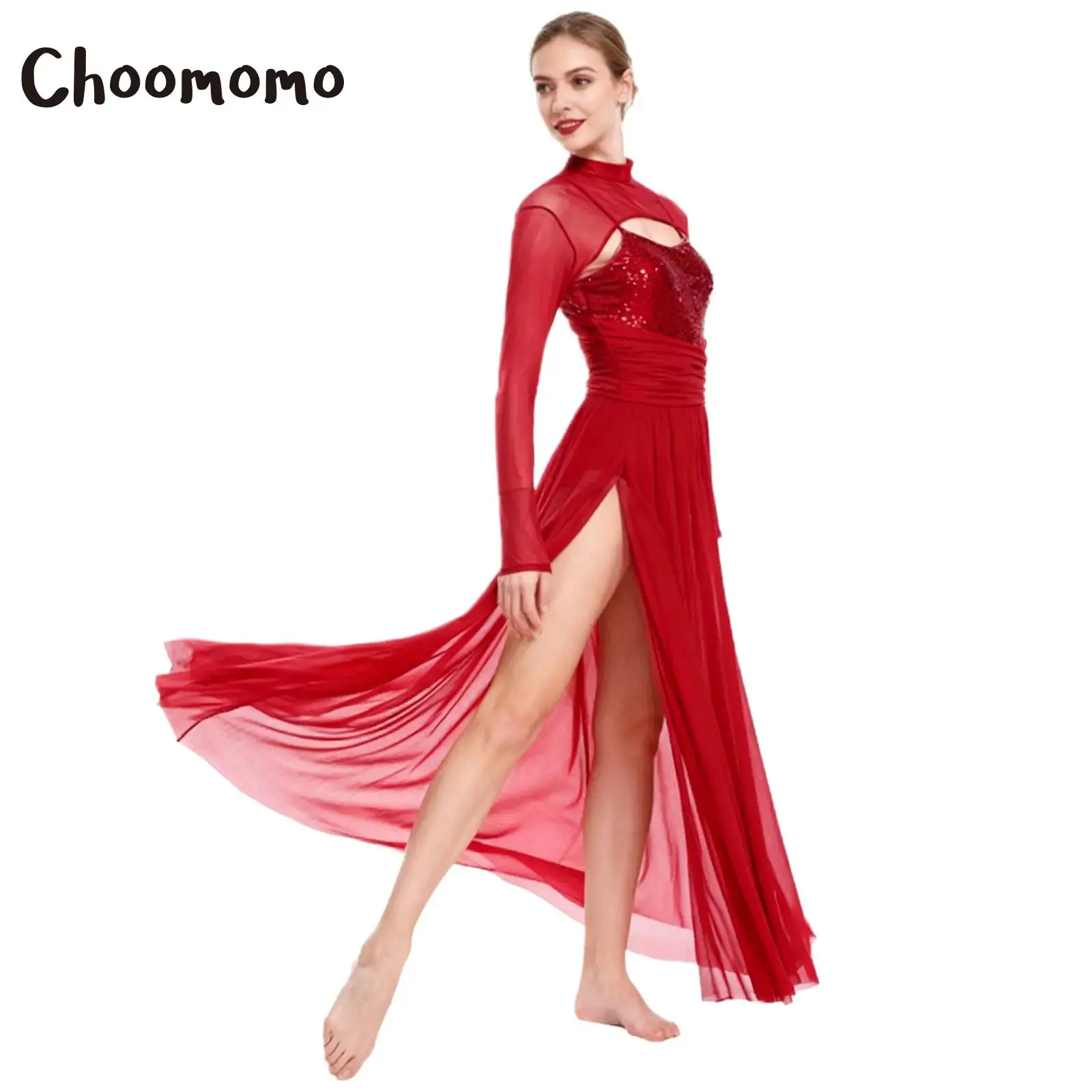 

Women Contemporary Lyrical Dance Dress Sequin Long Sleeve Mesh Tulle Maxi Dress Ballet Gymnastics Modern Skating Dancewear