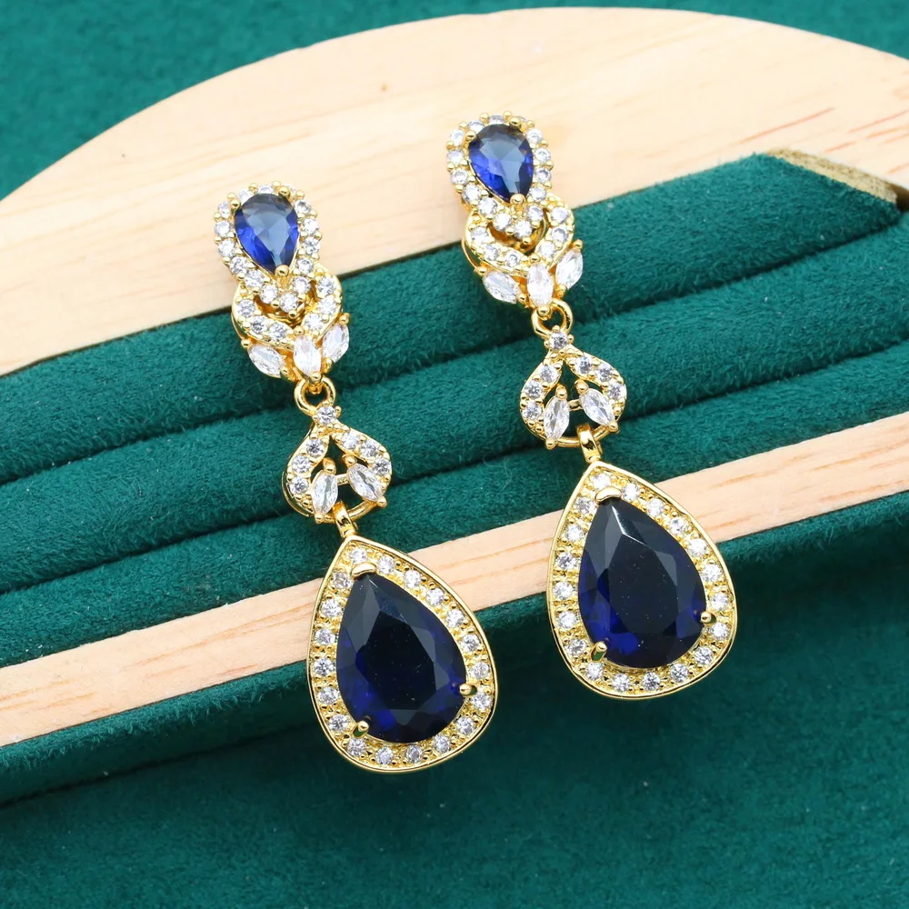 Exquisite Gold Color Jewelry Sets for Women Wedding Blue Zircon Bracelet Long Earrings Necklace Pendant Ring Holiday Gift