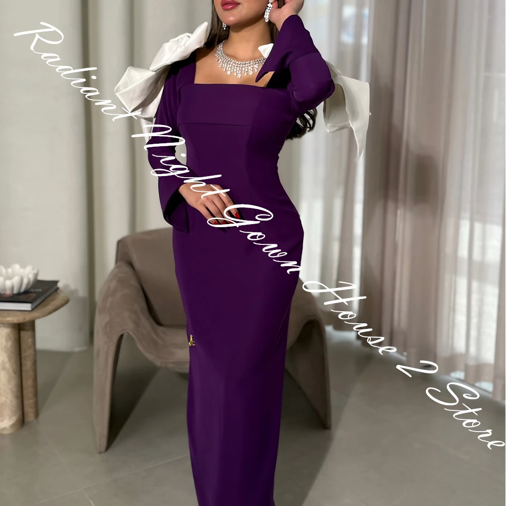 فستان سهرة بفيونكة مستقيمة من الجيرسيه عالي الجودة مخصص وأكمام طويلة وفتحة خلفية ورقبة مربعة بطول الأرض لون الصورة فيستدوس دي