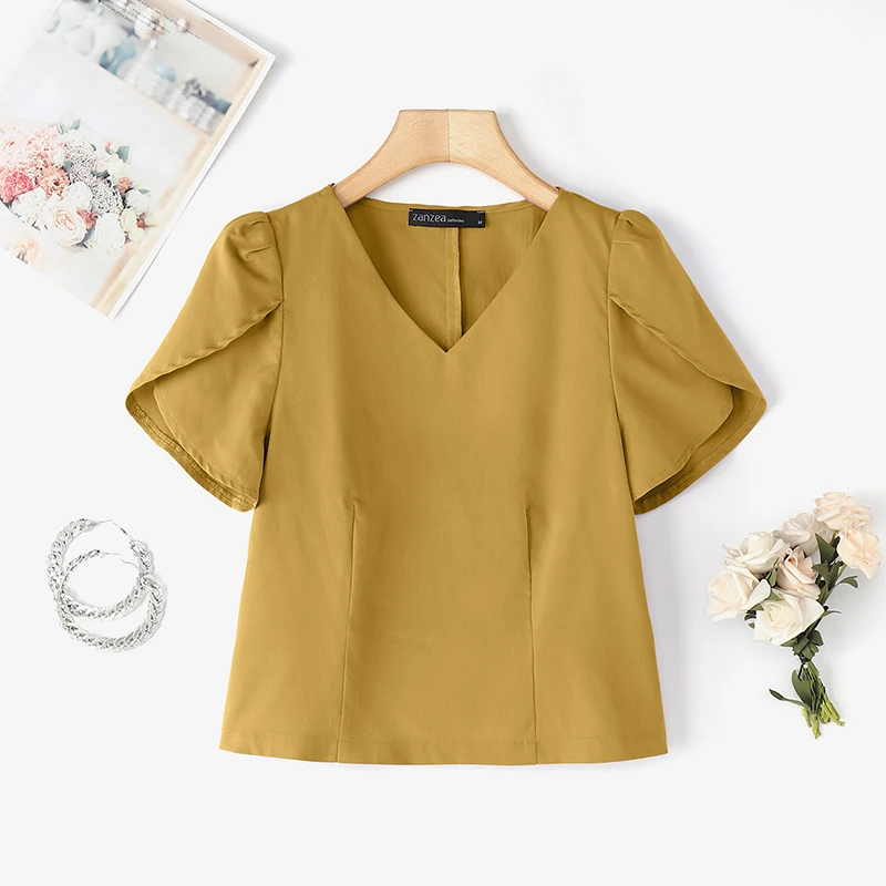 ZANZEA بلوزة صيفية قصيرة الأكمام منتفخة بلوزات نسائية موضة الربيع قمصان بلون واحد مثيرة على شكل حرف v بلوزات غير رسمية ملابس الشارع