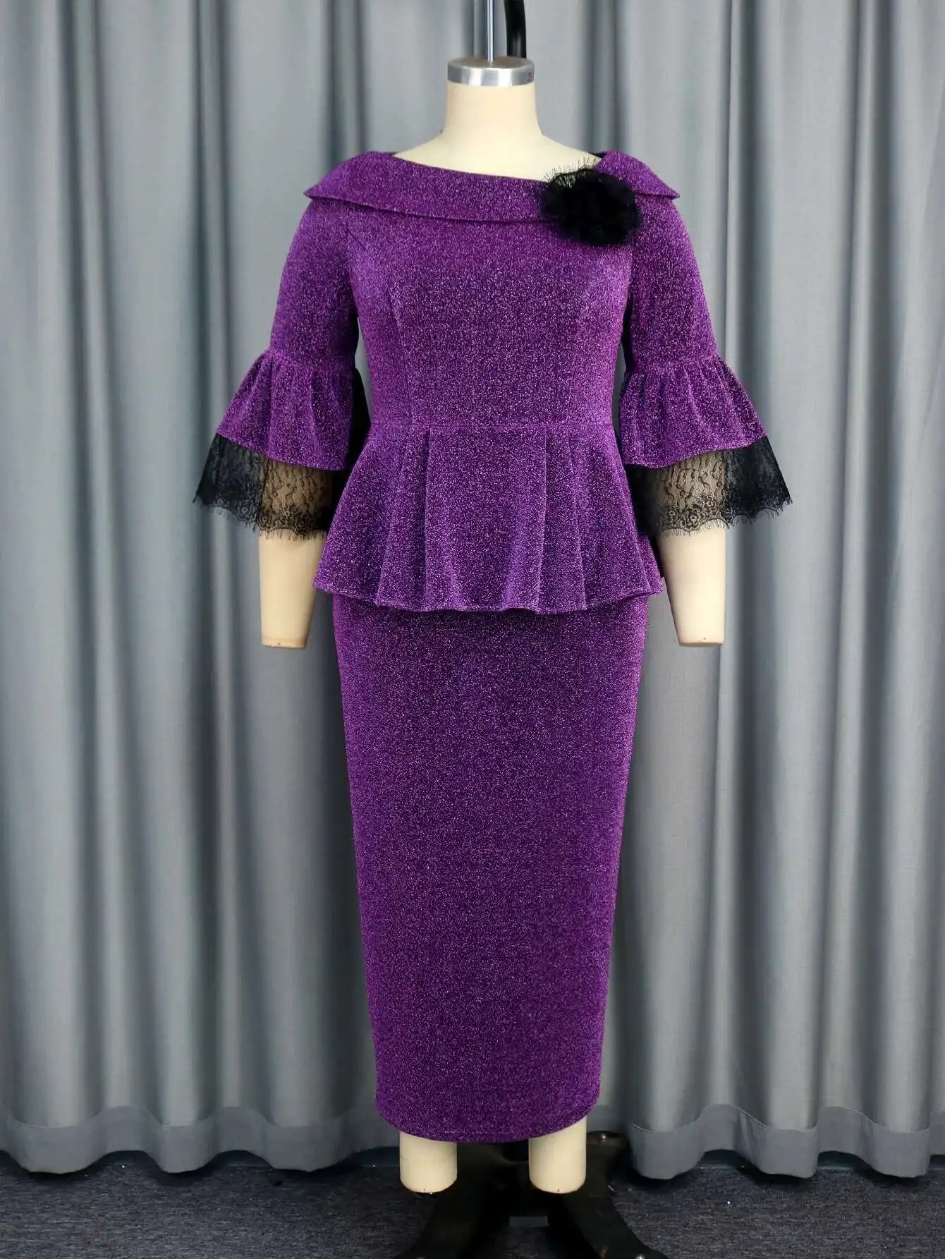 

Plus Size Women's Clothing Ruffle Belly Covering Slimming Flared Lace Trim Sleeve Elegant Two-piece Dress Vestido Women Elegant