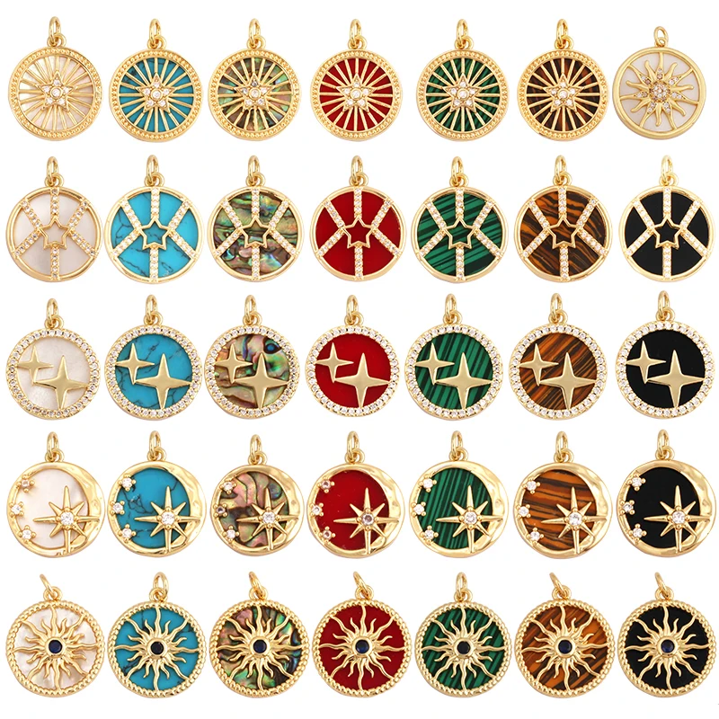 

New Design Round Shape Natural Mother of Pearl Shell Agate Malachite Tiger Eye Pendant Charm,Jewelry For Necklace Supplies M31