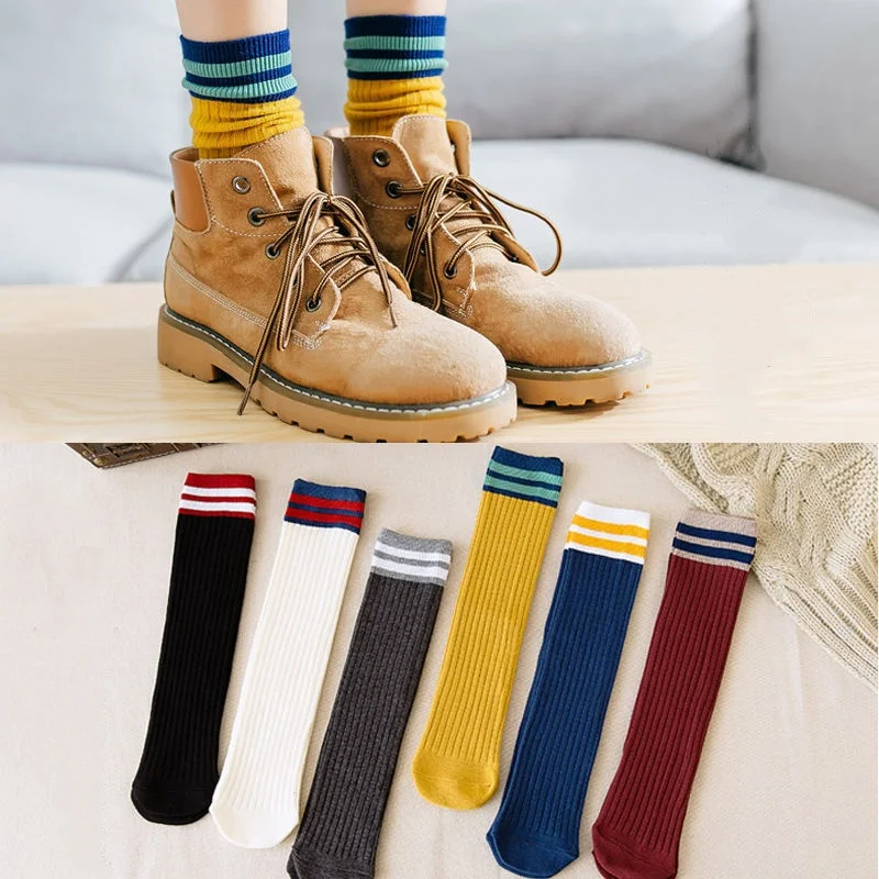 Spring Autumn Children Knee High Socks Korean Preppy Fashion Stripe Cotton Sock For Boys Girls 3-12 Years Student Football Socks