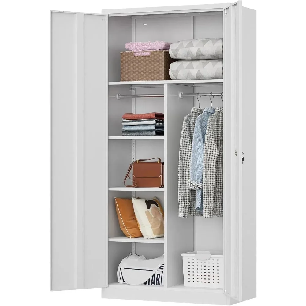 

71" H Metal Armoire Wardrobe Cabinet with Doors and Shelves,5-Tire Wardrobe Closet with Rod,Adjustable Steel Locking Cabinet for