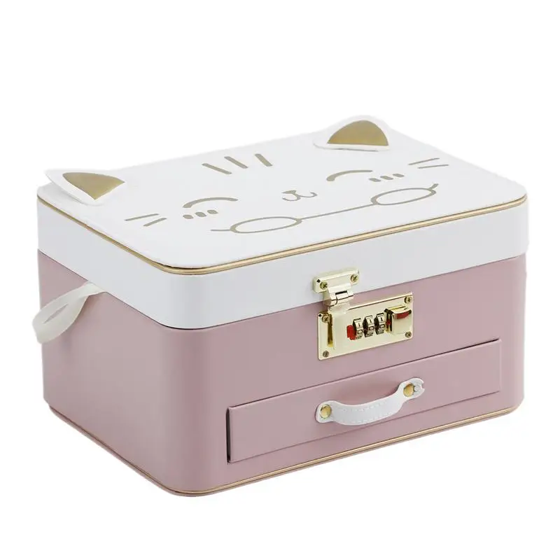 Locking Jewelry Boxes For Women Lockable Storage Case Cute Cat Pattern Storage Box Large Capacity Ring Necklace Jewelry Box