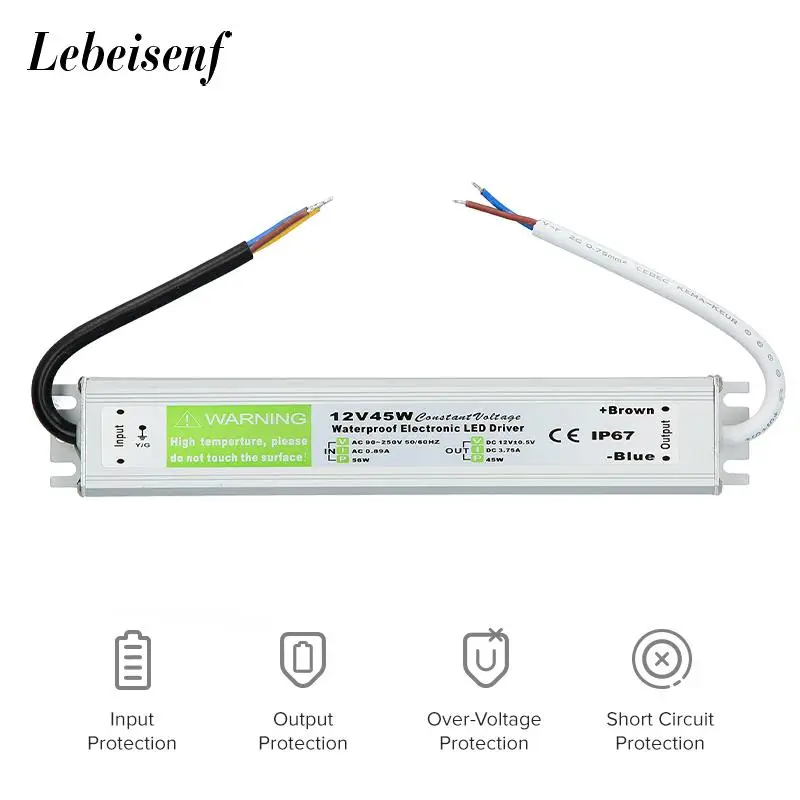 Trasformatore di illuminazione 90-250V AC a DC 12V 45W 3.75A LED Driver adattatore alluminio esterno IP67 impermeabile alimentazione elettrica di