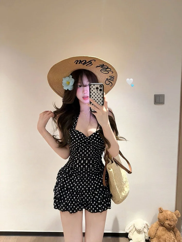 

Black Polka Dot Neckline Summer Skirt Women's Slim Fit Cake Skirt Vacation Style French Style Print Casual Short Dress