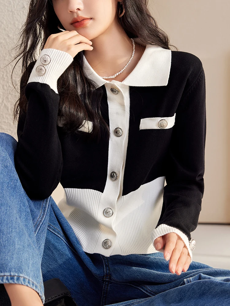 Korean Fashion Patchwork Black White Stretch Sweater Women Winter Fall New Long Sleeve Single-Breasted Casual Knit Tops Cardigan