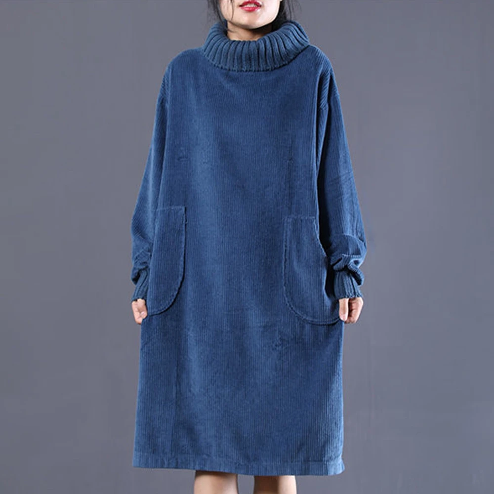 Plus Größe 4XL 120 kg Herbst Winter Fleece Kleid Langarm Rollkragen Einfarbig Kleid Lose Taille Warme Verdicken Kleider