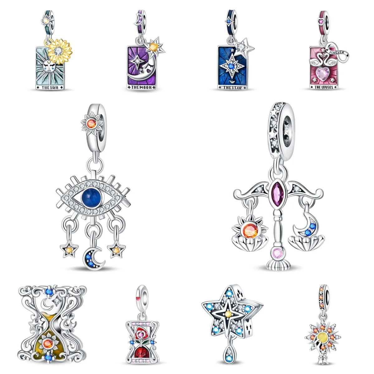 

High-quality Ladies' Silver Tarot Cards, Star and Moon Hourglass, Charming Pendant Beads, DIY Jewelry Bracelet Accessories