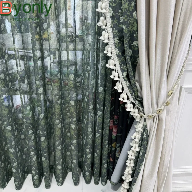 New Rural Retro Green Printing Cotton Linen Splicing Velvet Curtains for Living Room Bedroom French Window Customized Valance