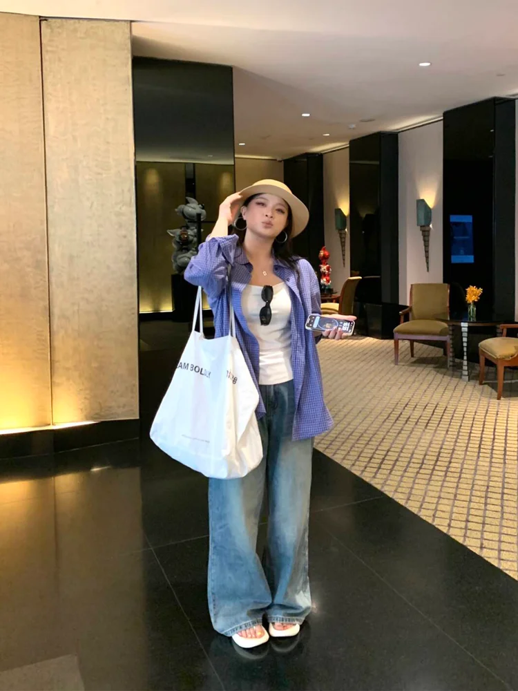 

Удобные широкие джинсы, женские свободные брюки с высокой талией, повседневные синие джинсовые брюки, осенняя коллекция от One Bite Soda