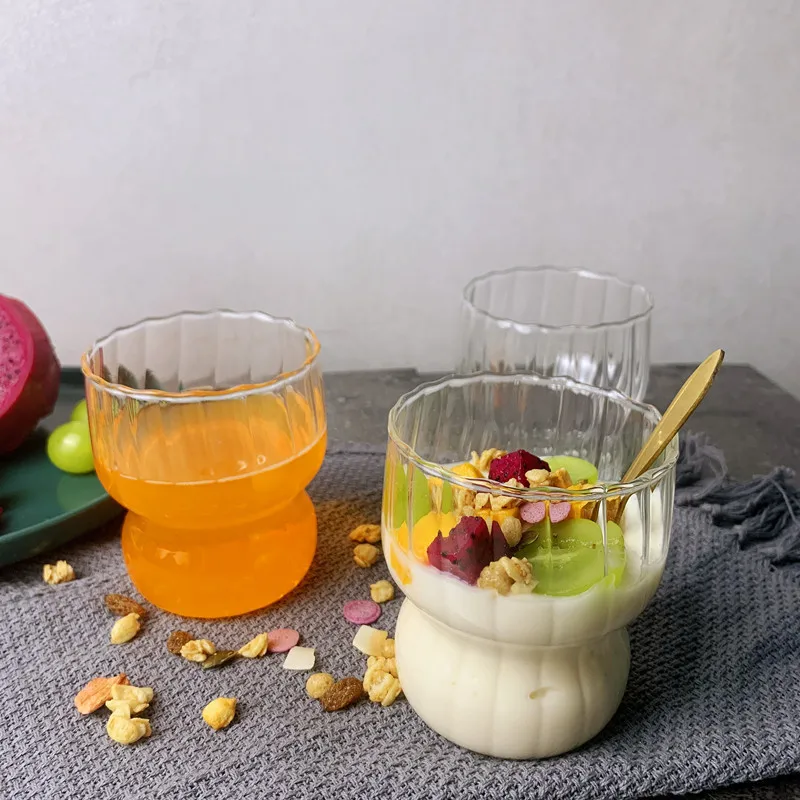 Cute Striped Chubby Cup Household Ice Cream Cup Milk Breakfast Oatmeal Cup Creative Borosilicate Glass Water Cup Whiskey glass