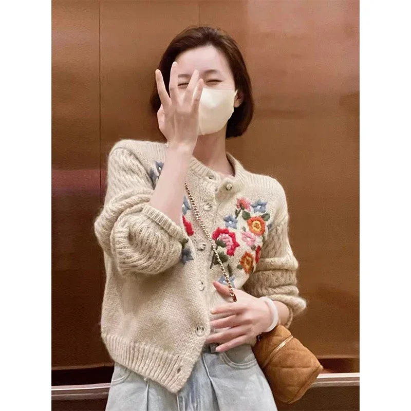 MEXZT Floral Embroidery Knitted Cardigan Women Vintage Cropped Sweater Coat Harajuku Korean Loose Knitwear O Neck Casual Jumpers