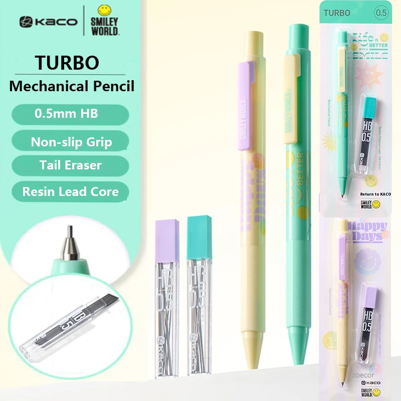 New Kaco TURBO Smile Mechanical Pencil Set SMILEYWORLD Continuous Sharp Lead Non-slip Grip Automatic Pens Shock-Absorb Supplies