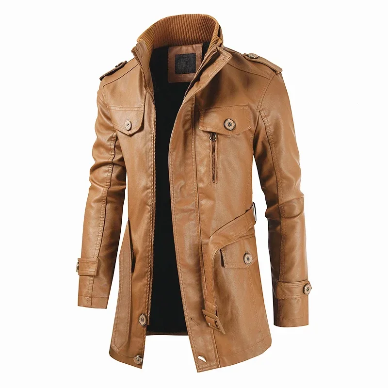 Men Winter Casual Long Warm Fleece PU Leather Jacket Coat Men Outwear Brand Thick Punk Motor Vintage Leather Jackets Men