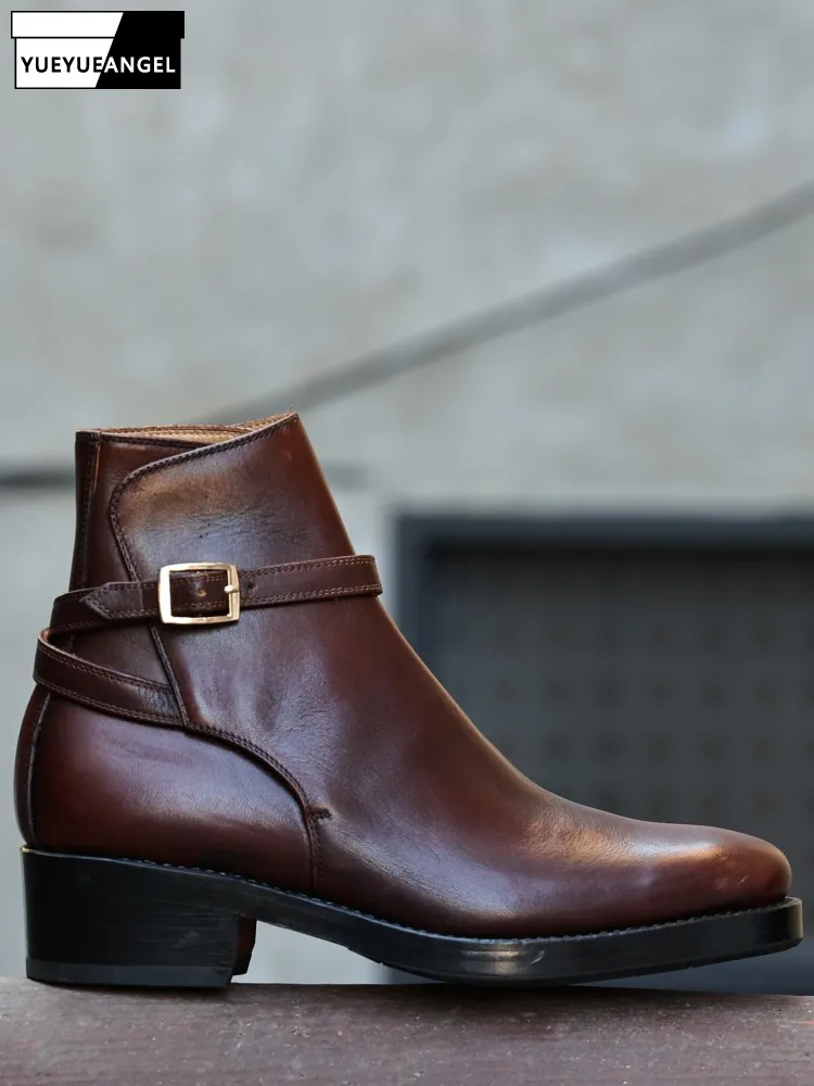 Retro Style Genuine Leather Pointed Toe Ankle Boots Handmade Solid Color Cowhide Male Platform Buckle Strap Low Heel Footwear